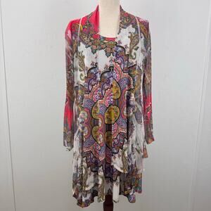 The Pyramid Collection Multicolor Paisley Boho Dress & Cardigan Set Artsy XL USA